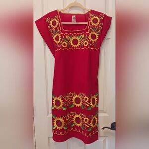 Mecican Red Floral Embroidered Dress Sz M